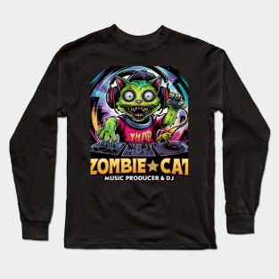 Zombie cat play DJ. Cat lovers. Dj lovers for Long Sleeve T-Shirt